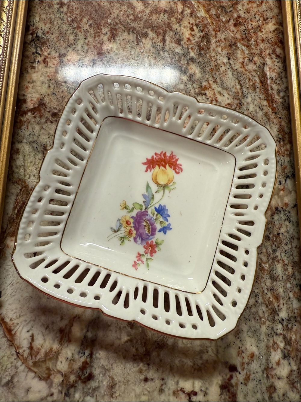 Vintage Floral Pierced Porcelain Trinket Dish
